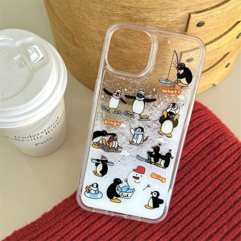 Coque de téléphone de luxe avec illustration de dessin animé, coque de téléphone à paillettes, bonhomme de neige, sable mouvant liquide, mignon, PenEcolHat, iPhone 13 14 15 16 Pro Max