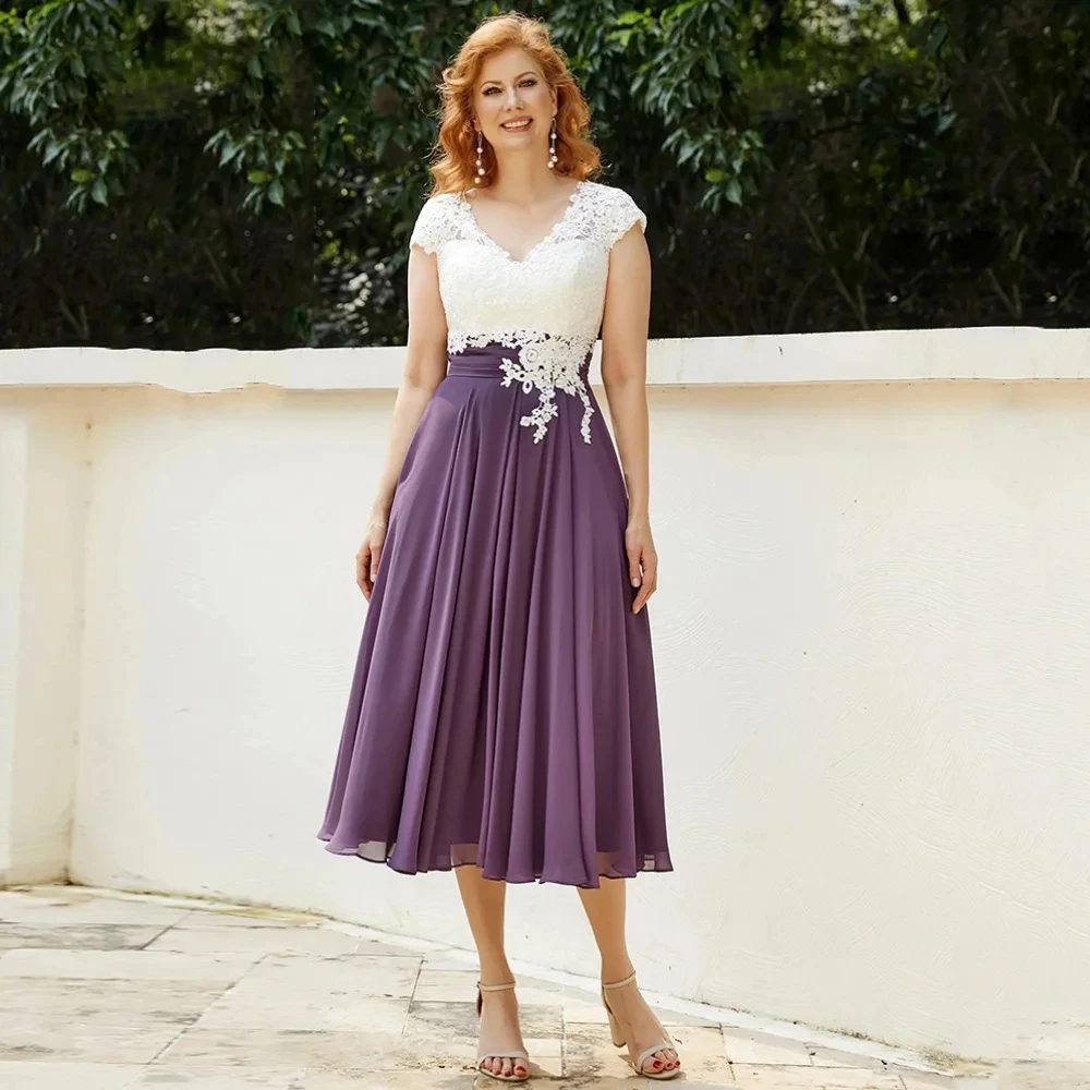 

2025 New Mother of the Bride Dresses Cap Sleeve V Neck Pleat Lace Top Contrast Color A Line Chiffon Wedding Guest Party Gowns