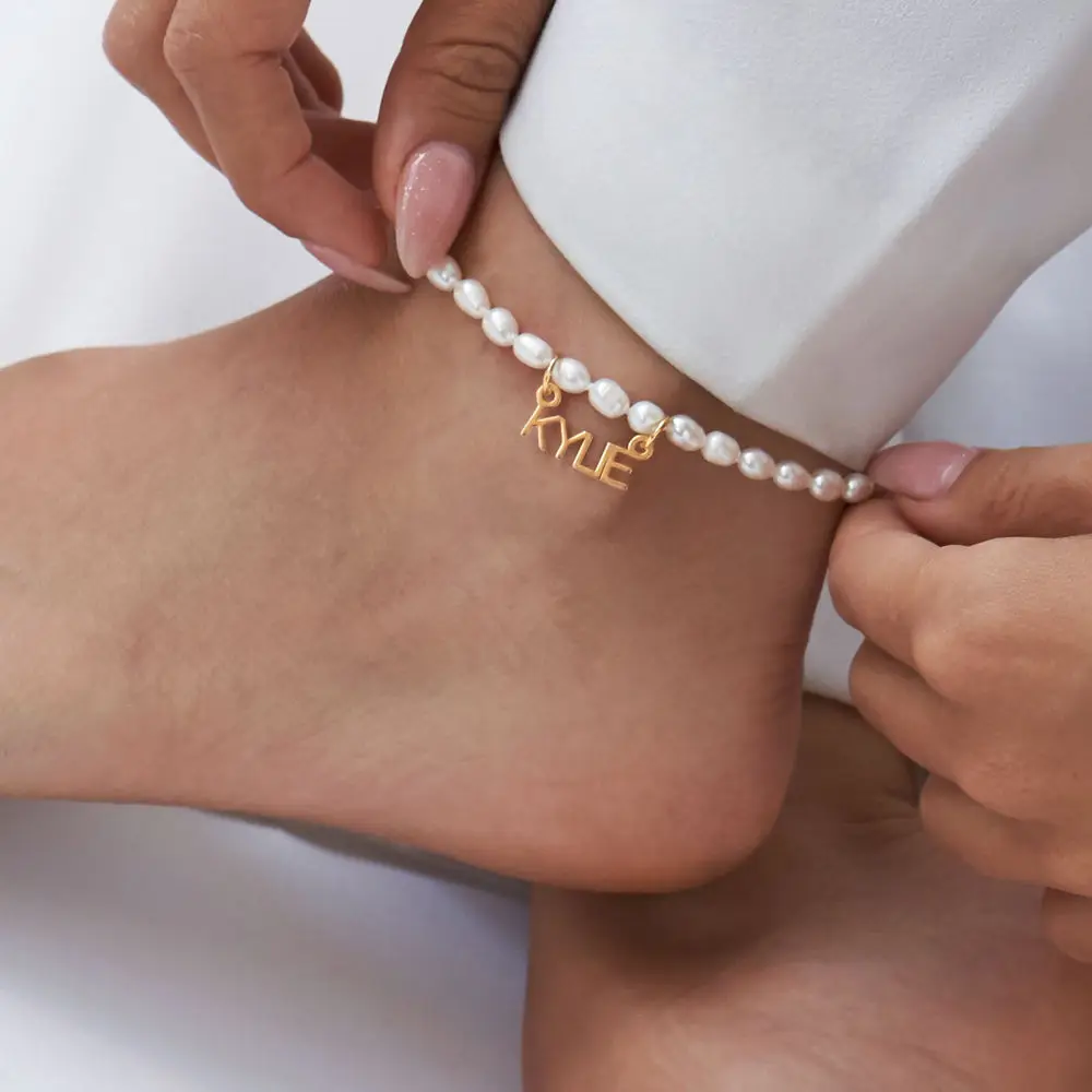 Chiara Pearl Name Anklet in Vermeil /Bracelet Custom 18k Gold Plating Stainless Steel Alphabet Letter Anklets Female Personality