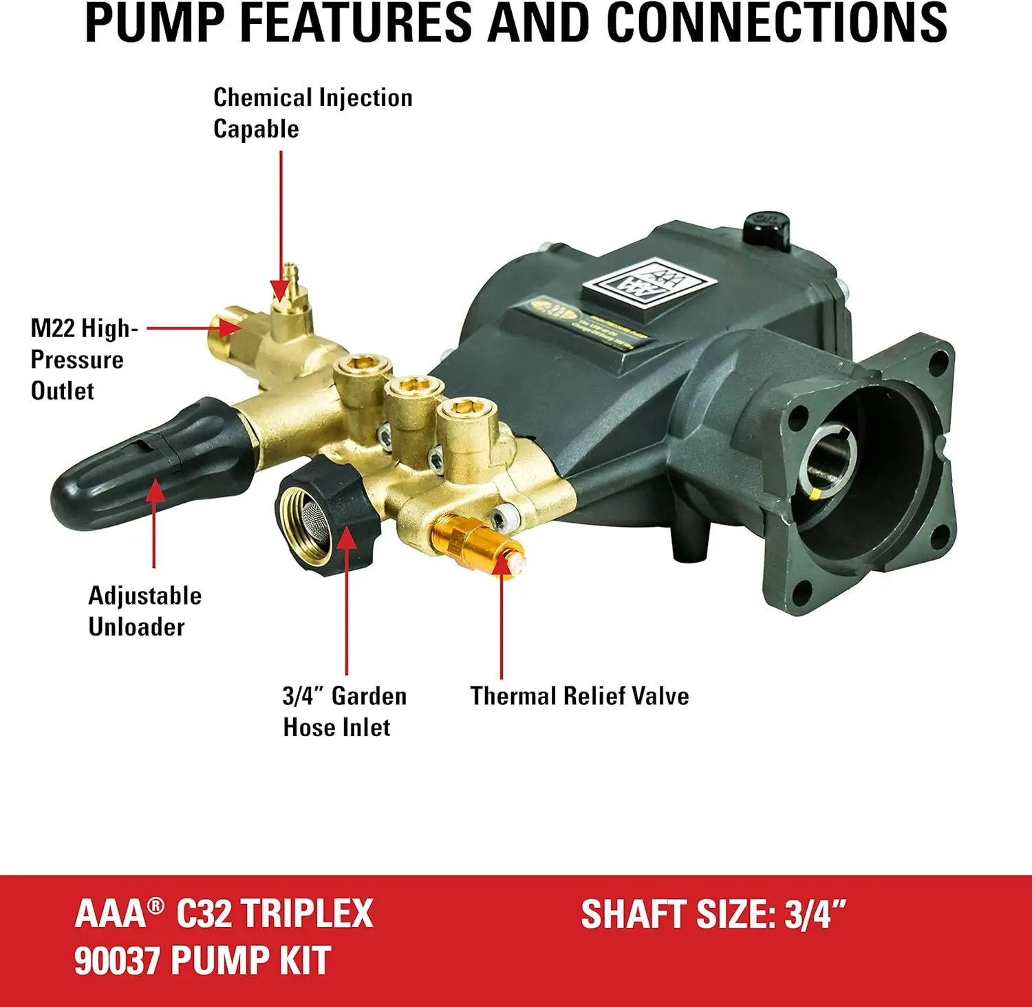 Horizontal Triplex Plunger Replacement Pressure Washer Pump Kit, 3700 PSI, 2.5 GPM, 3/4