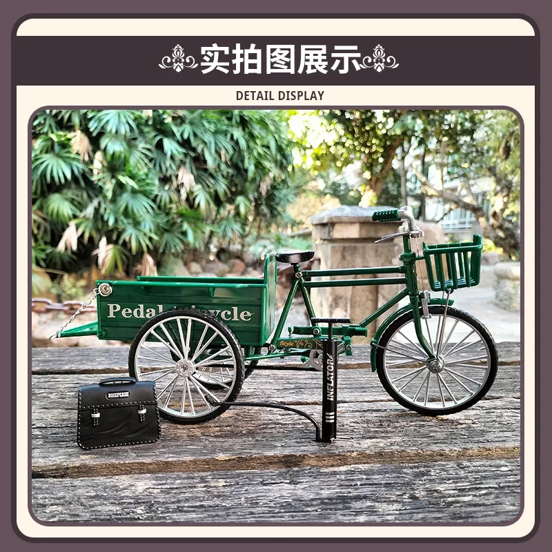 1:10 New Mini Alloy Retro Three wheeled Flatbed Bicycle Metal Diecast Classic Tricycle Model Toy Simulation Collection Gifts