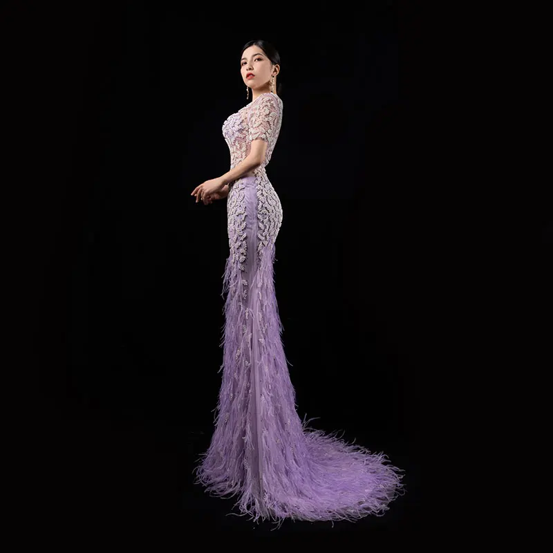 Luxury Long Evening Dress With Ostrich Hair Studed Beading Short Sleeve Elegant Gown Trailing Slim Fit Dubai Fashion Party 2024