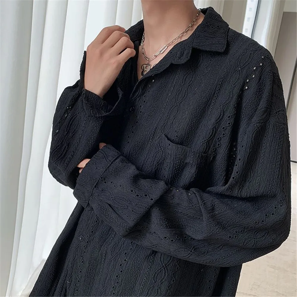 Summer Shirts Women Bf Style Apricot Lapel Blouse Vacation Hollow Out Sexy Fashion Y2k Clothing Blouses Mesh Long-sleeved Shirts