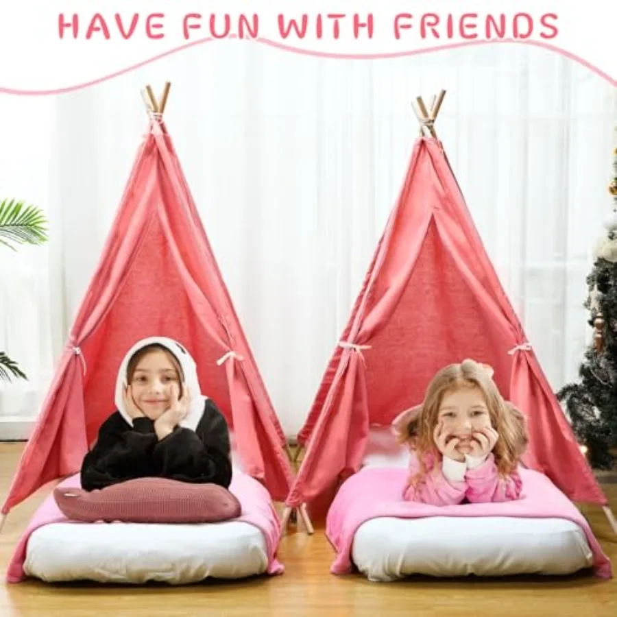 Juego de 4 pijamas para niñas, Kit de tienda tipi, cama inflable, sábana ajustable, bata tipo kimono de satén rosa, parasol, zapatilla, lavado de juegos