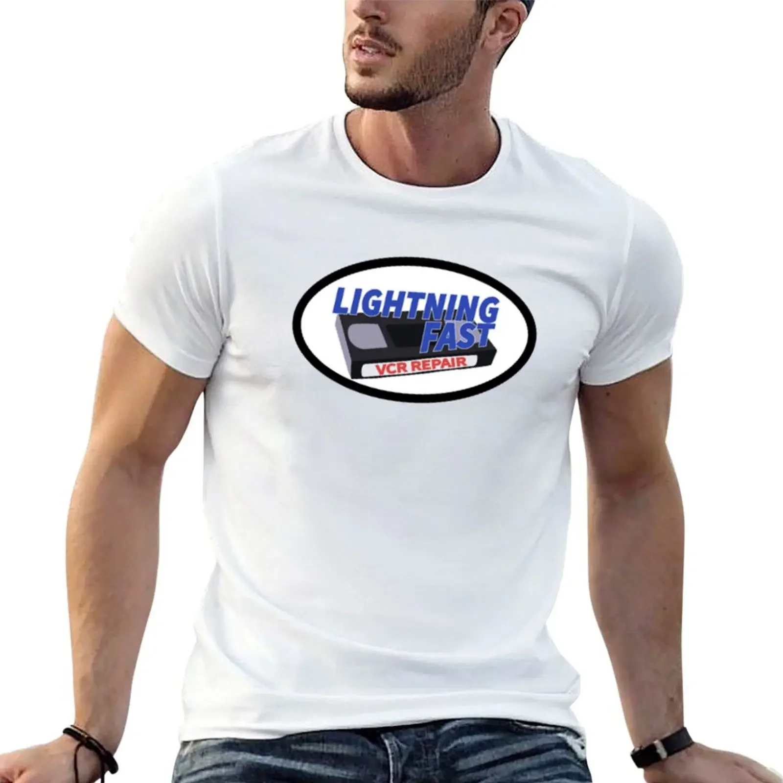 lightning fast vcr repair logo T-shirt graphics summer clothes sweat mens t shirt