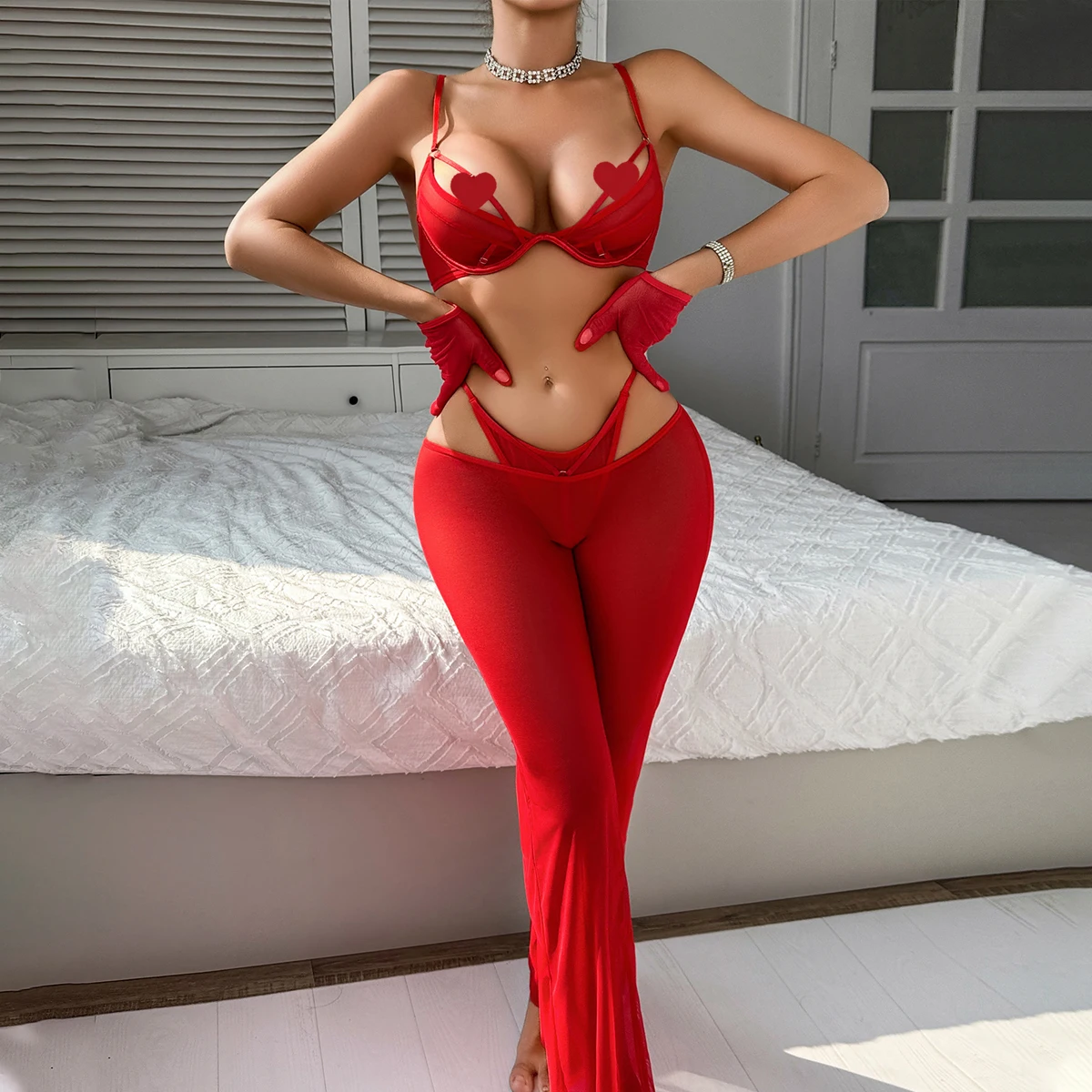 

MUZISKAT Cross border 2025 New Casual Mesh Sexy Perspective Set Ultra thin Breathable Underwear Glove Four piece Set