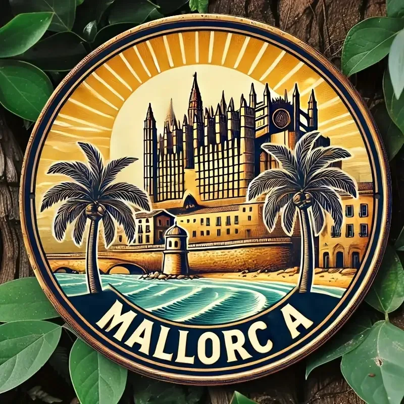 Decoración de pared de aluminio redonda plana 2D de 8 pulgadas - Letrero de Mallorca con escena de playa vibrante, diseño de palmeras y castillo, metal reutilizable A