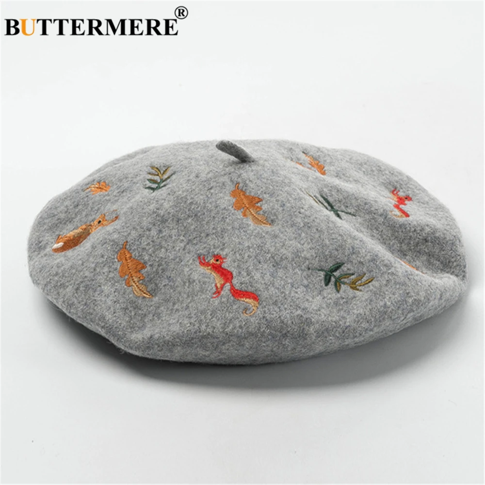 BUTTERMERE Winter Hats for Women Wool Beret Hat Female Camel Pink Rabbit Squirrel Leaf Embroidery Vintage Ladies Mushroom Hat