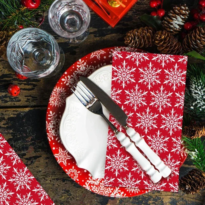 20pcs 34.2*40.6cm 2-Ply Large Size Christmas Long Paper Napkins Snowflake Red Printed Coloured Paper Placemats