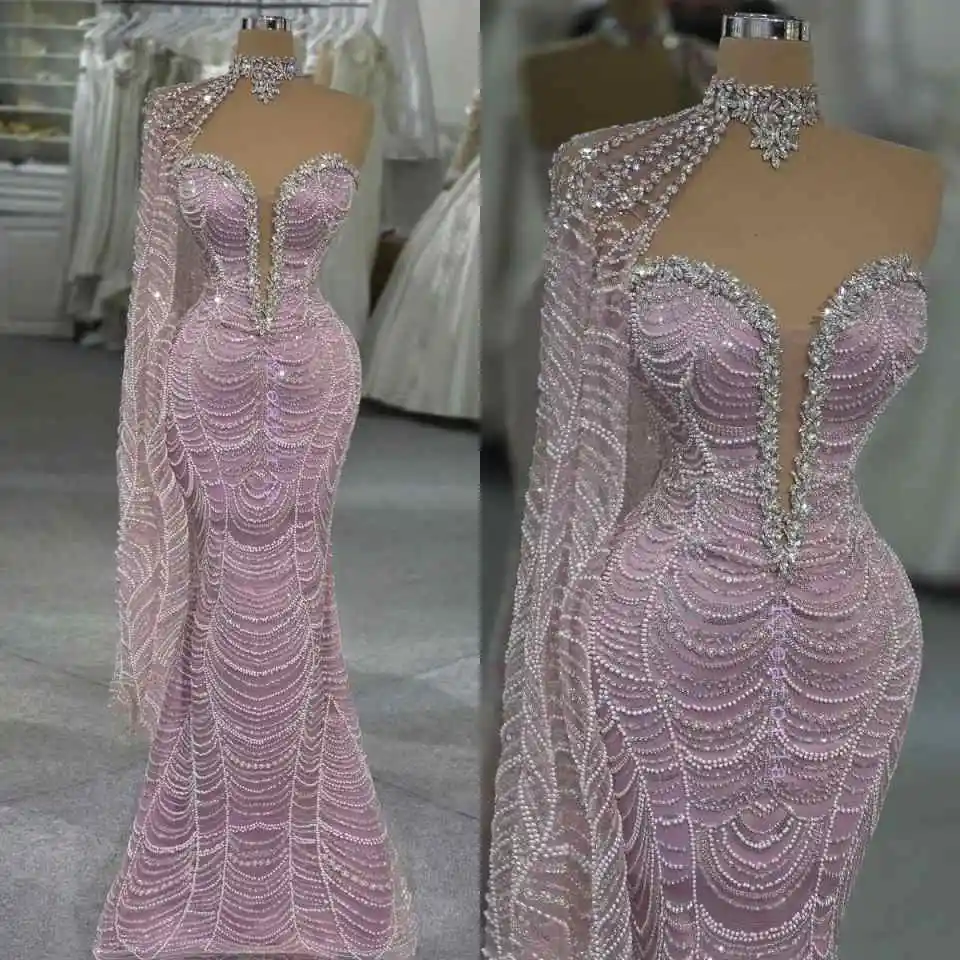 

Womens Evening Dress Customized Full Beads One Shoulder Long Sleeve Party Prom Gowns Mermaid Bridesmaid Occasion Dress Formal