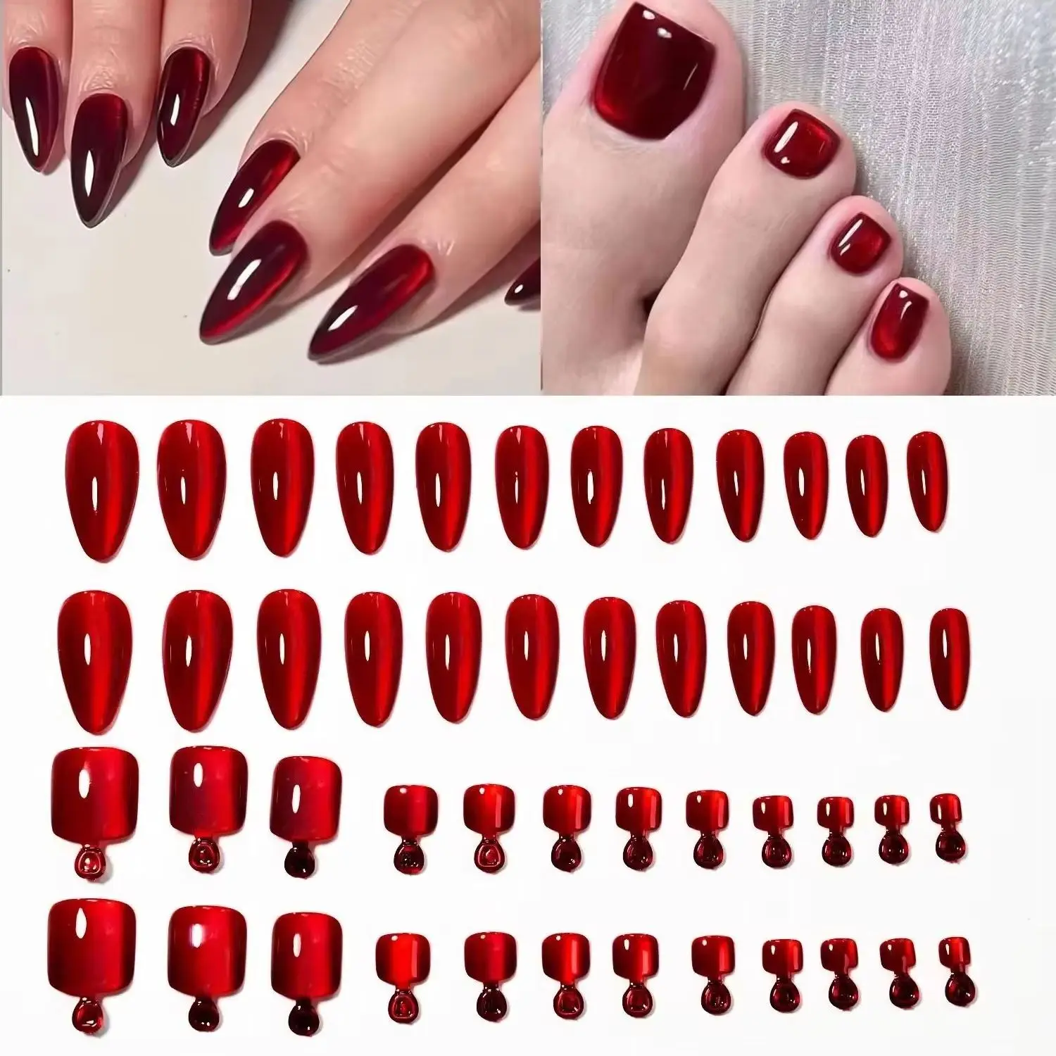 48Pcs Wearable Press on Nails &Toenails Set Short Square Red Cat Eye False Toe Nails Full Cover Almond False Nails Nail Art Kits