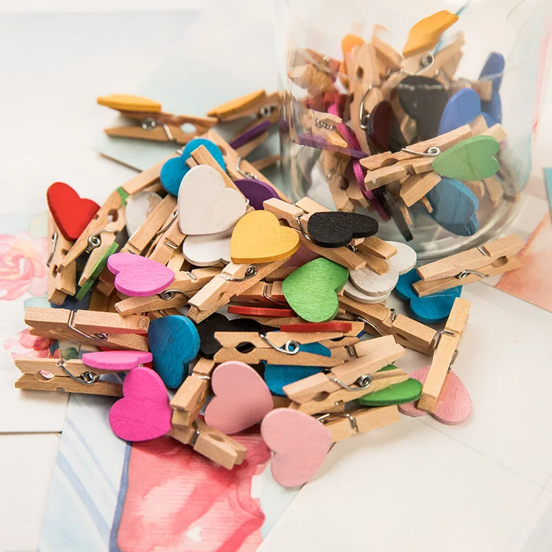 50PCS/Lot Mini Romantic Loving Heart Shape Wood Clips Handicrafts Photos Papers Clothes Pegs Home Bachelorette Party Decorations