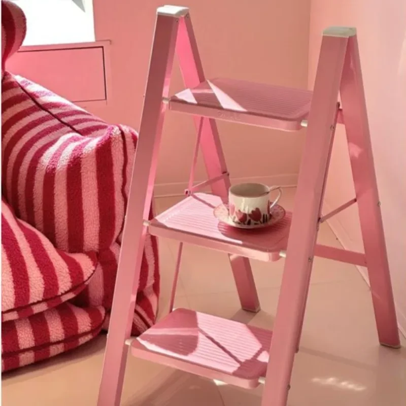 F1 Sakura Pink Folding Step Ladder, Anti-Slip A-Frame, Thickened Four-Step Ladder, Stable Home Use Stepladder with Pink Design