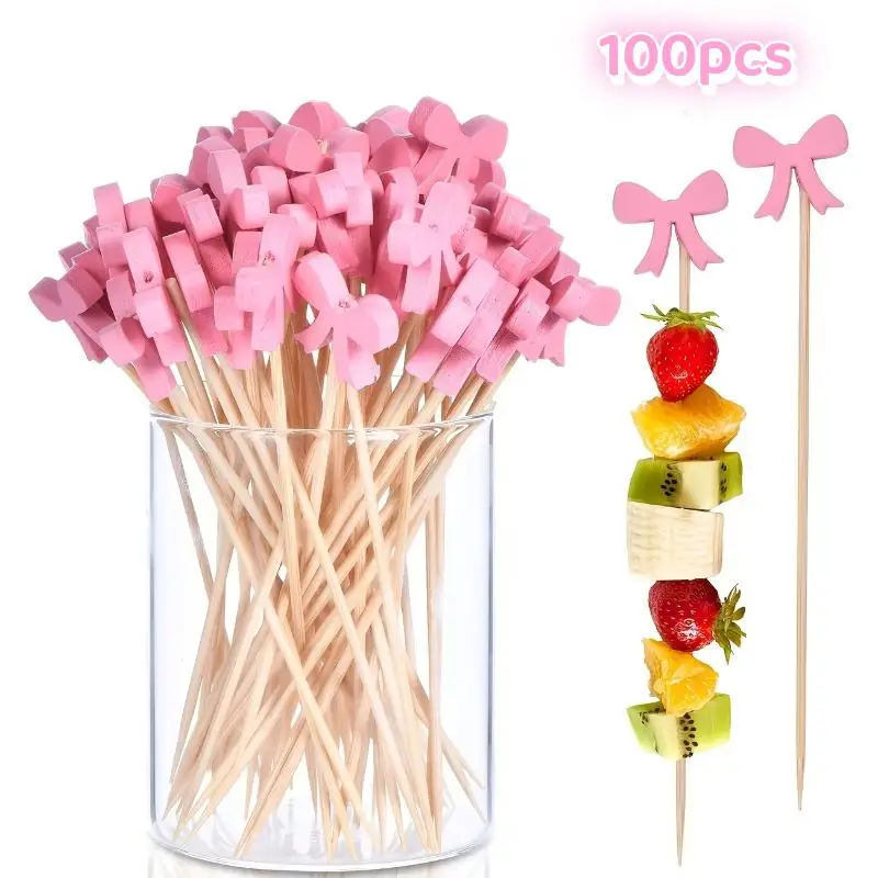 Wooden Bow Cocktail Picks 100Pcs Disposable Bamboo Fruit Skewers Non-toxic for Appetizer Dessert Party Bar Home Decor