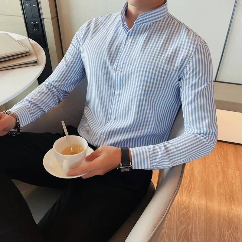 

Plus Size 5XL-M Business Formal Wear Long Sleeve Striped Shirts For Men Clothing 2023 Stand Collar Slim Fit Casual Tuxedo Blouse
