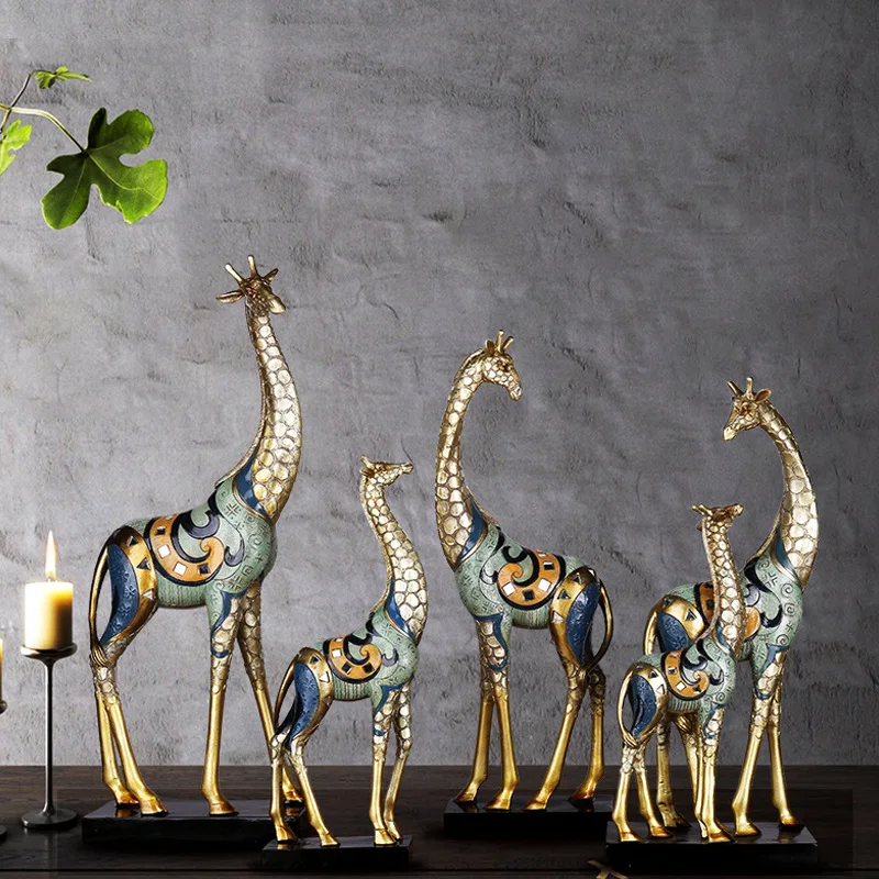 

Simulation Animal Sculpture Giraffe Mother and Child Painted Statue Modern Home Decoration Golden Handicraft Ornaments