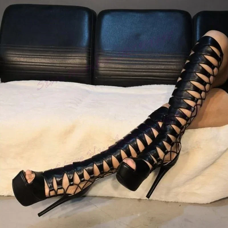 

Black Hollow Out Platform Sandals Boots Peep Toe Shoes for Women Stilettos High Heels Sexy Lady Shoes 2024 Zapatos Para Mujere