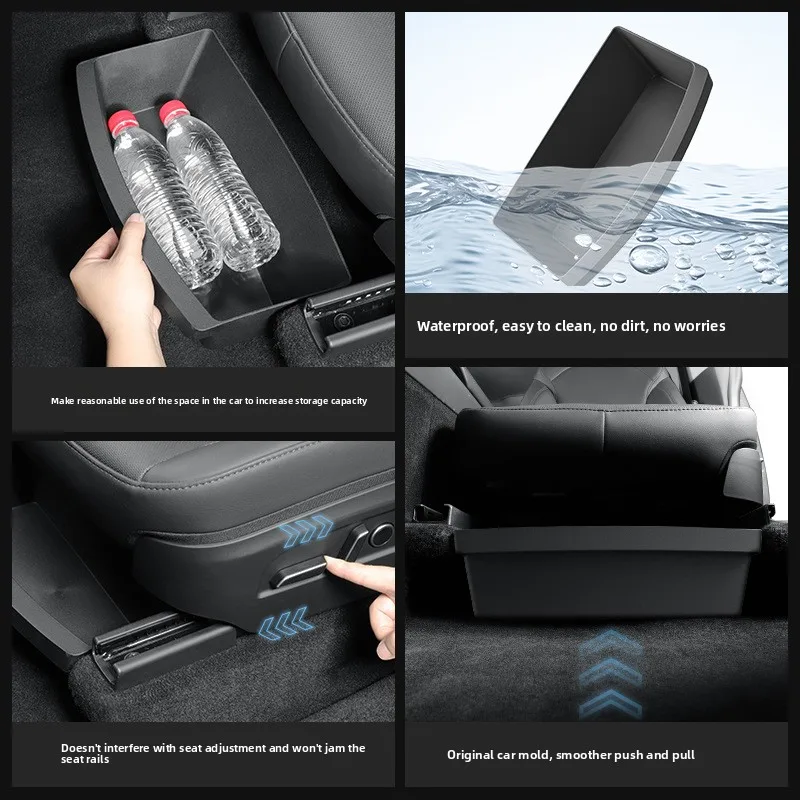Under Seat Storage Box for Tesla Model Y Juniper 2025-2026 Hidden Front Seat Organizer Tray with Anti-Slip Padding Waterproof