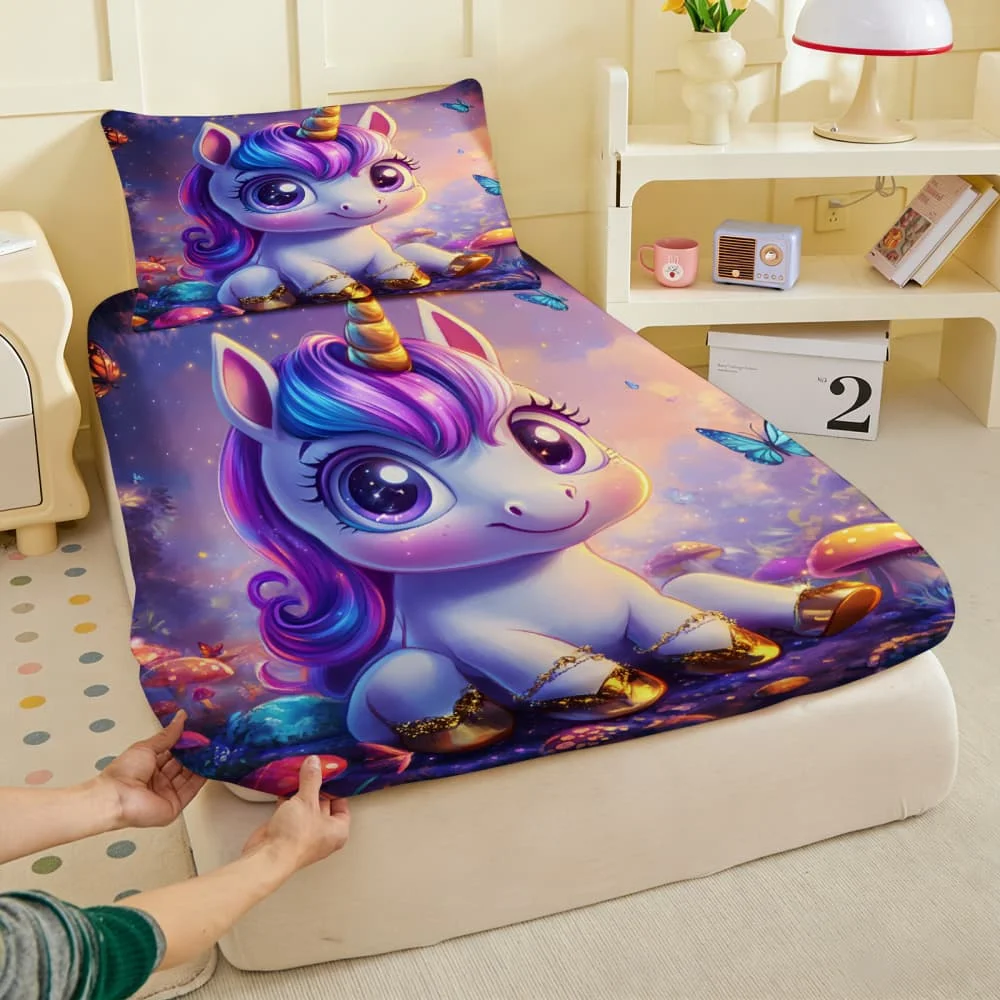 Enchanted Forest Unicorn & Mushroom Print Fitted Sheet Deep Pocket Elastic Mattress Cover Single Double Queen King Bedroom Decor