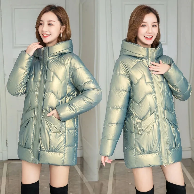 Wash-free Glossy Fashion Eiderdown Cotton-padded Jacket Female Temperament In the Long Korean Version Of Loose Hooded Warm Coat