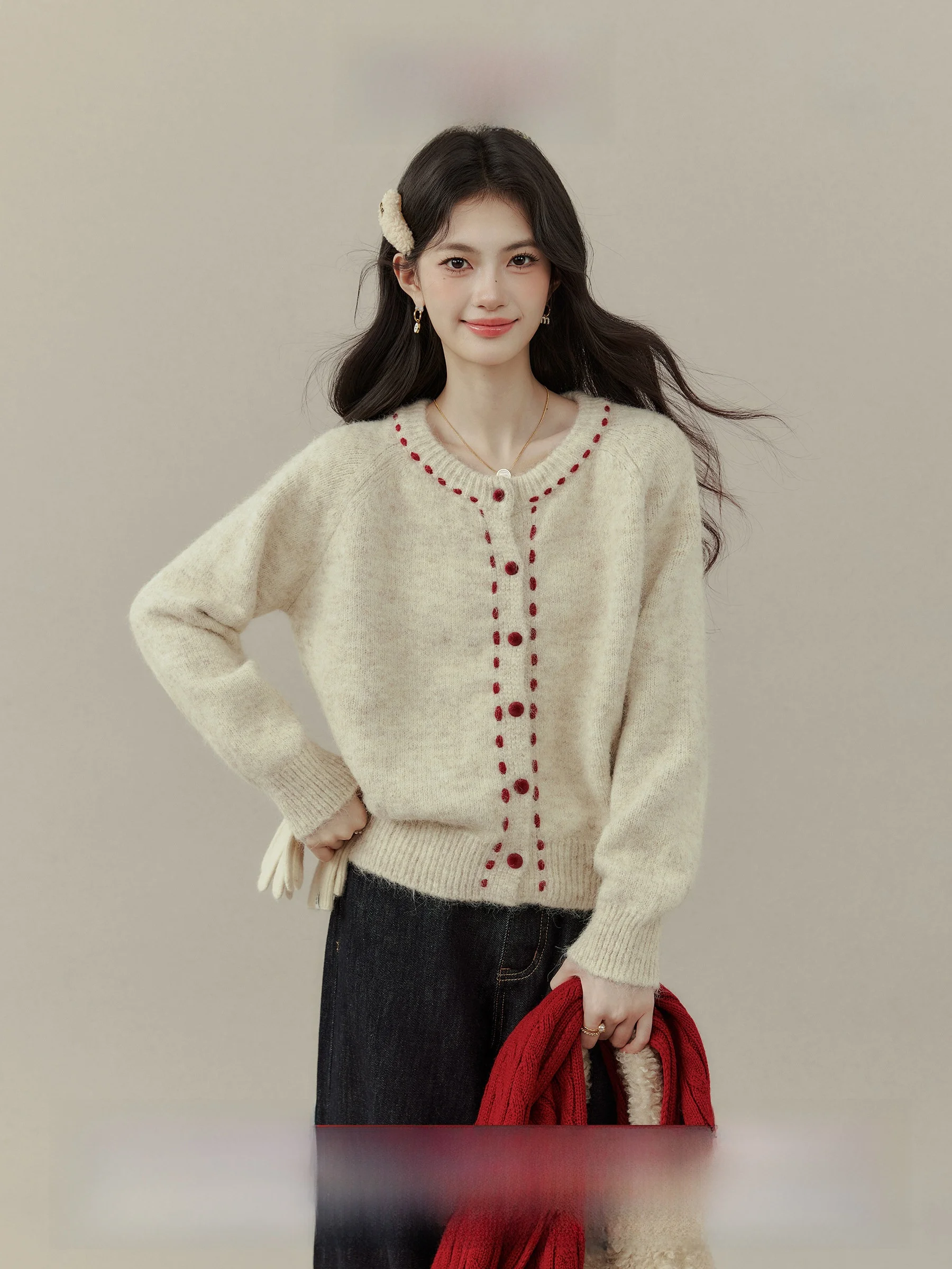 

Ретро-кардиган с круглым вырезом и цветными блоками, свободный женский свитер-топ для ношения под одеждой, Sweet Oxygen Melody от Wang Ou Xixi