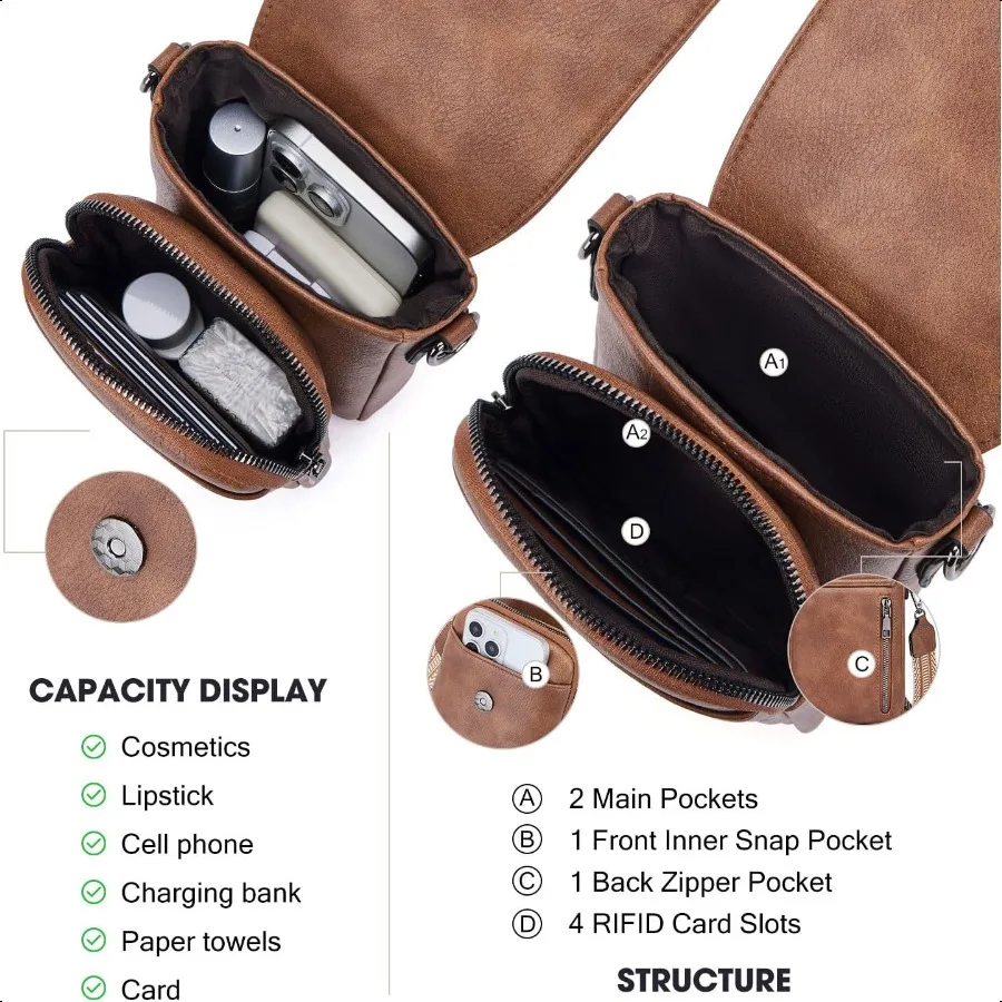 POIUGOYA حقائب كروس صغيرة للنساء عصرية من الجلد ثلاثية المقصورة للهاتف الخليوي محفظة كروس مع فتحات للبطاقات