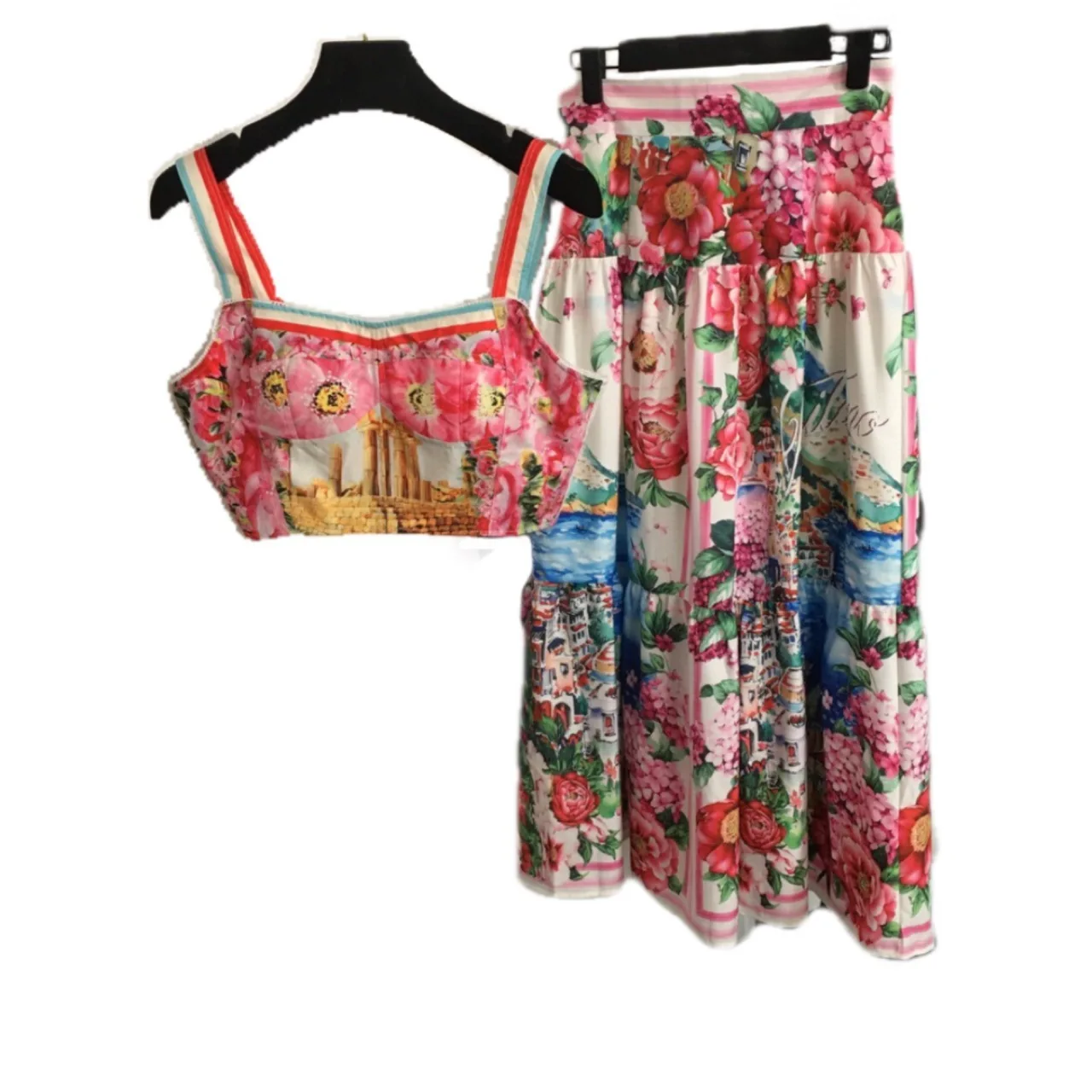 Quality Summer Sexy Cropped Tops And Long Maxi Skirts Suits Women Floral Two Piece Sets