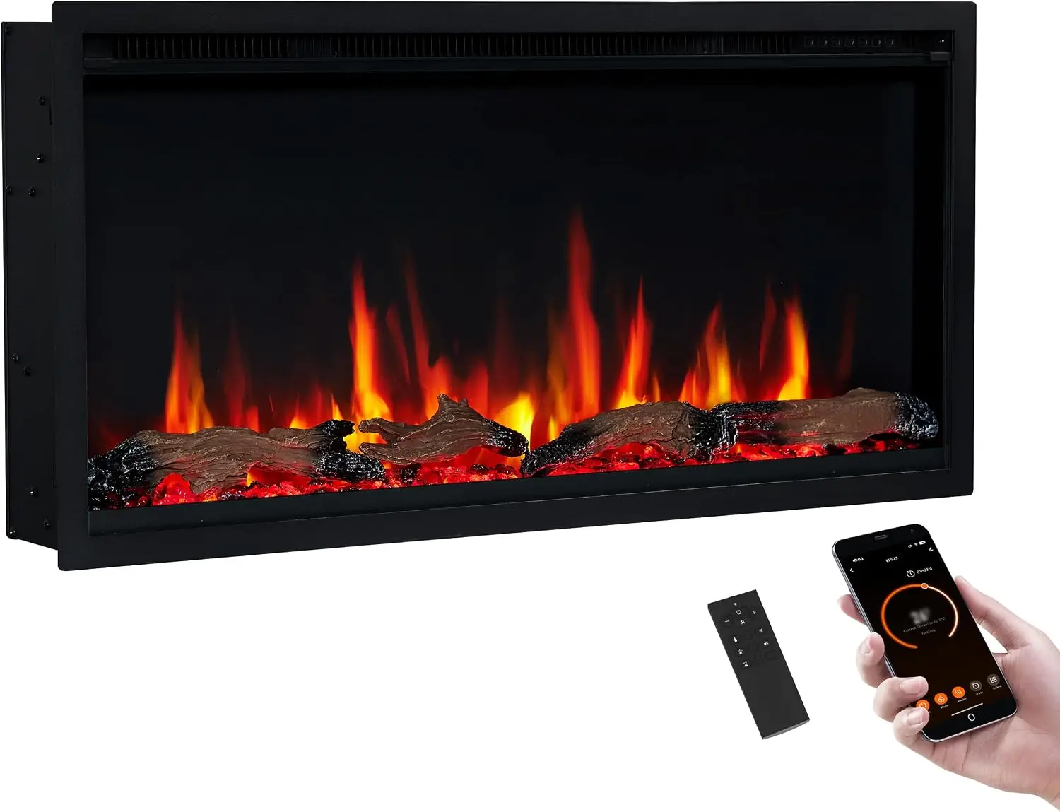 Herman 36 Inch Smart Linear Electric Fireplace - Premium Flame with 9 Colors, Clean Design, Recessed in-Wall or Wall-Mount or Fr