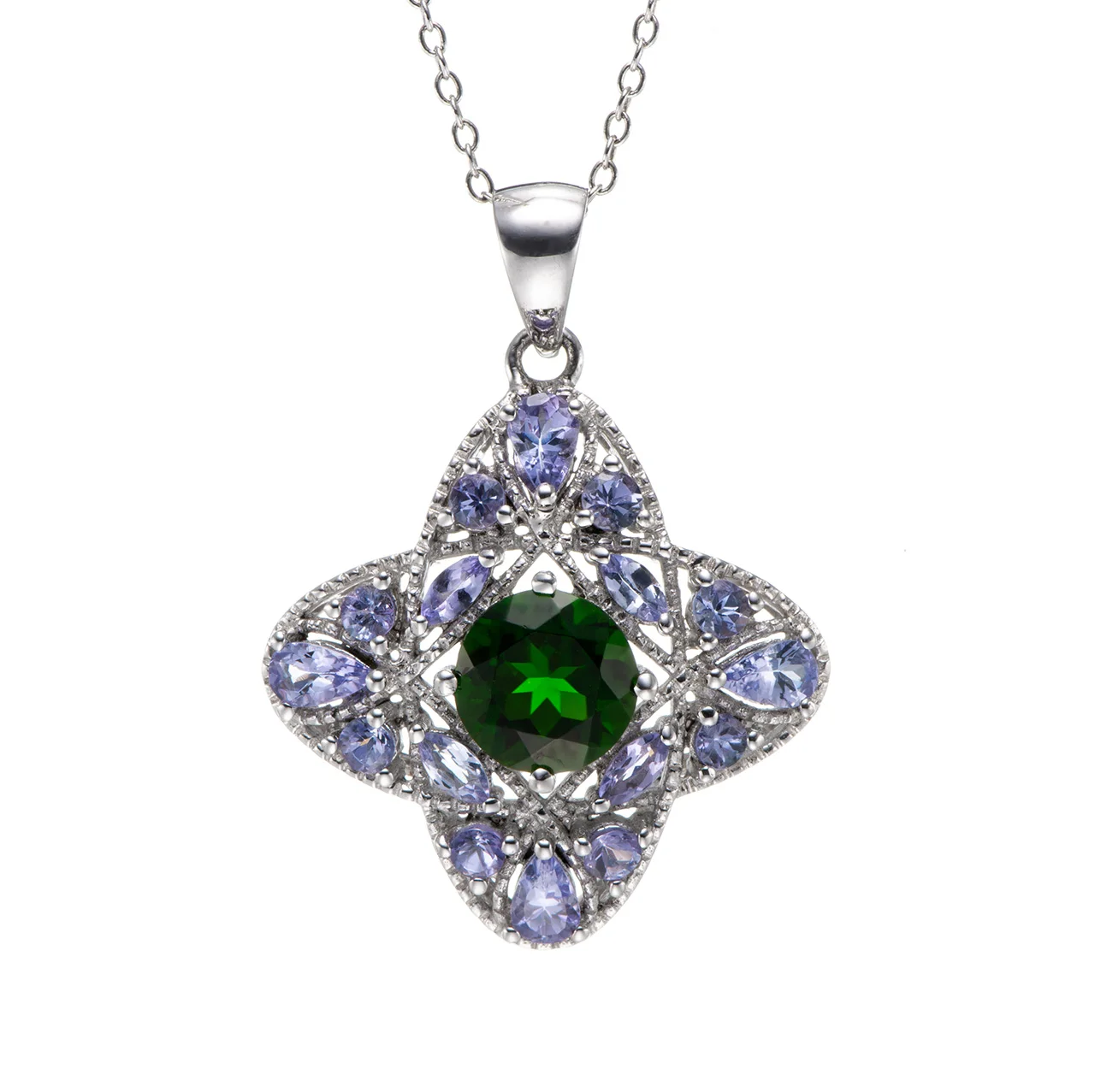 

8mm Chrome diopside and Tanzanite Rhodium Over Sterling Silver Pendant with Chain