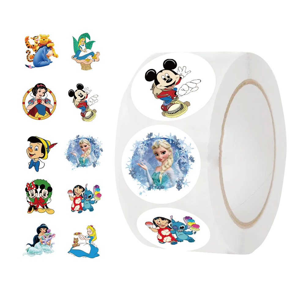 500Pcs/roll Cartoon Disney Mix Character Mickey Stickers, Roll Vinyl Stickers For Laptop, Bumper, Skateboard, Water Bottles