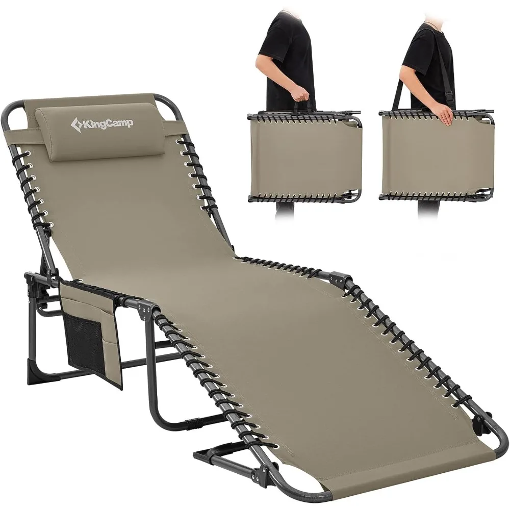 Folding Chaise Lounge Chair for Outside Beac, Deck,Lay Flat Adjustable 5-Position Portable Heavy-Reclining with Pillow, Beige