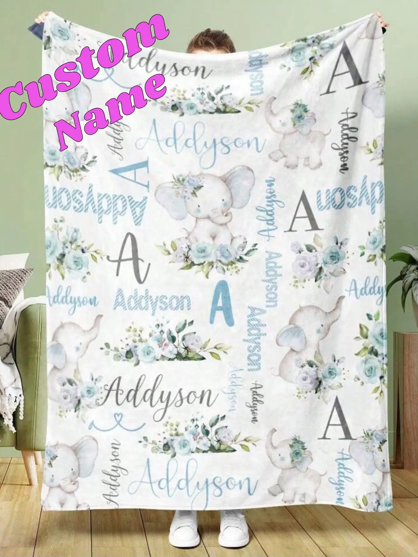 1pc Custom Name Blanket Elephant Flannel Print 5 Sizes Pink Blue Red Text Throw Gift For Couples Family Birthday New Home