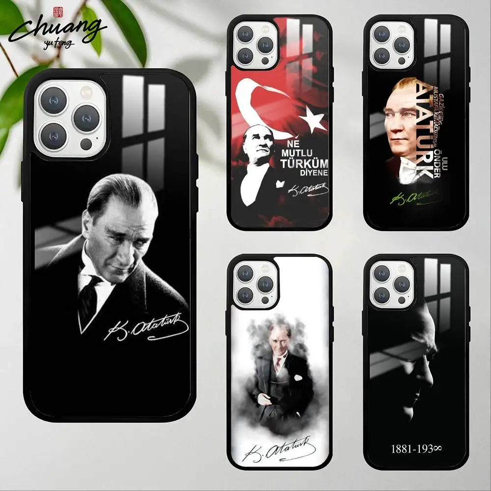 M-Mustafa Kemal A-Ataturk حافظة هاتف مميزة لهاتف آيفون 11 12 13 14 15 16Pro Max Plus نسيج زجاجي عالي الجودة