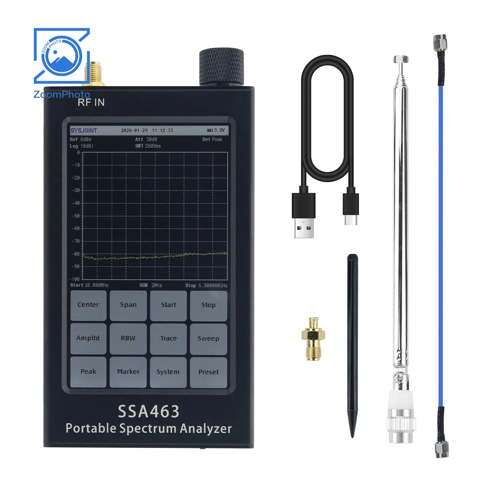 

ZoomPhoto SSA463 Portable 35MHz-6.3GHz High Precision Spectrum Analyzer 2MHz/250kHz/15kHz Switchable RBW with 4.3-inch Screen