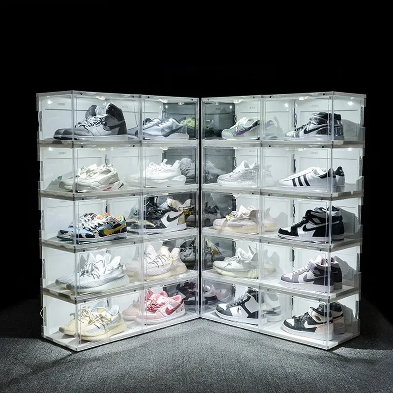 LED Light Sneaker Display Box Antioxidation Organizer Wall Acrylic Shoes Collection Display Rack with Sound Control