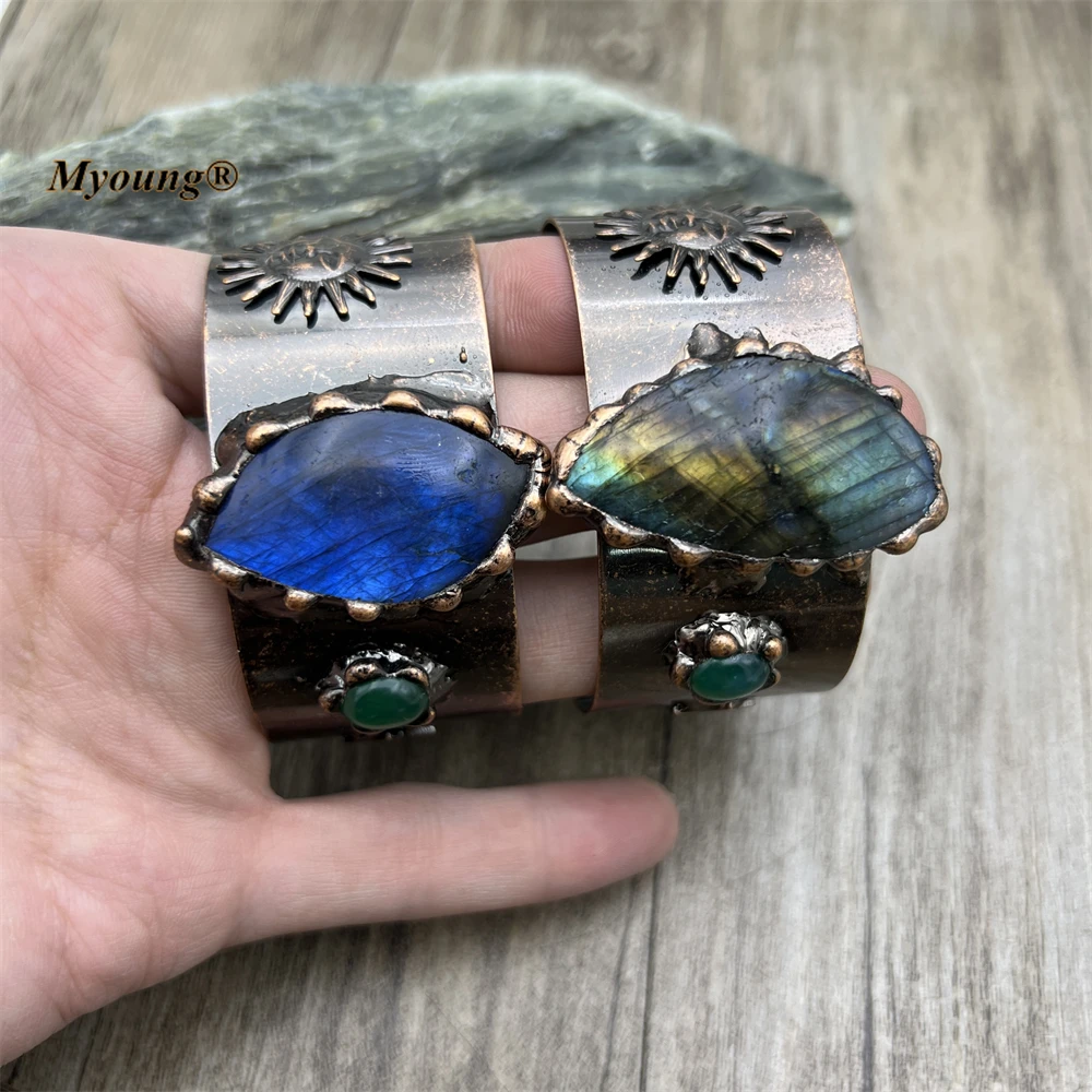 5PCS Large Natural Flash Labradorite Cuff Bracelet Adjustable Bangle Vintage Bohemia Jewelry MY230435
