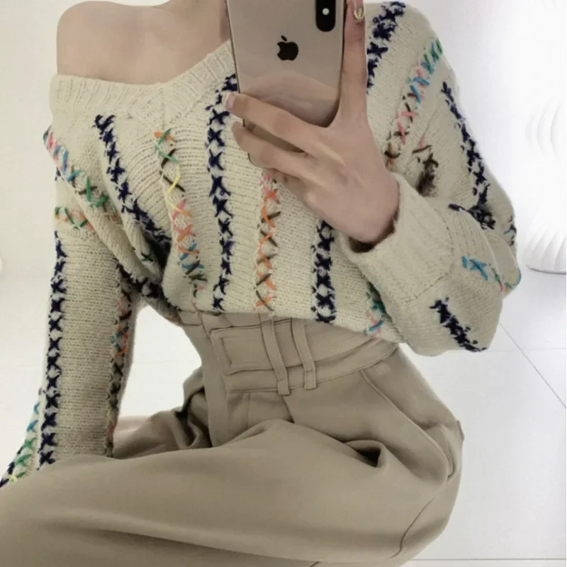 

Корейский трикотаж, свитер, женская одежда, модный полосатый повседневный джемпер с v-образным вырезом, Sueter Mujer, винтажные вязаные пуловеры большого размера, топы