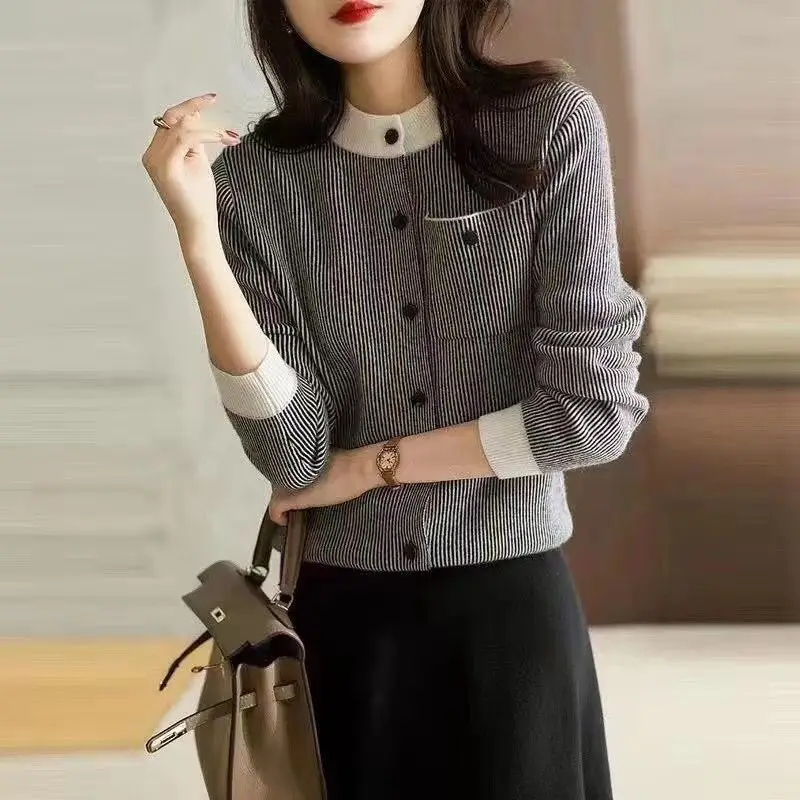 Knitted Cardigan Coat Women Vintage Long Sleeve Sweater Korean Fashion Striped Office Lady Clothes Single-breasted Pocket Jumper