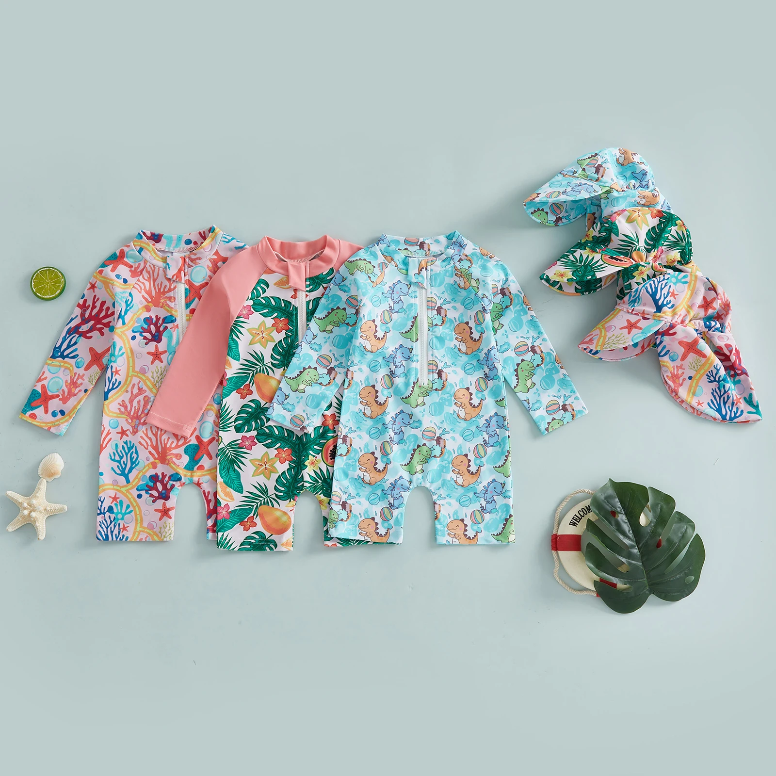 Summer Kids Toddler Girls Boys Rash Guard Swimsuit Playsuits Print Bathing Suit Sun Hat Clothes