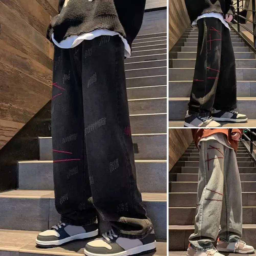 Men Loose Wide Leg Jeans Street Retro Straight Loose Denim Trousers Pockets Design Hip Hop Long Pants Casual Long Jeans Pants