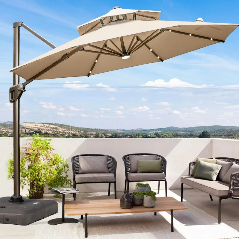 

Sun Brella Outdoor Parasol Furniture Set 360° Rotated Solar Power Light Hot Selling Big Size Umbrella