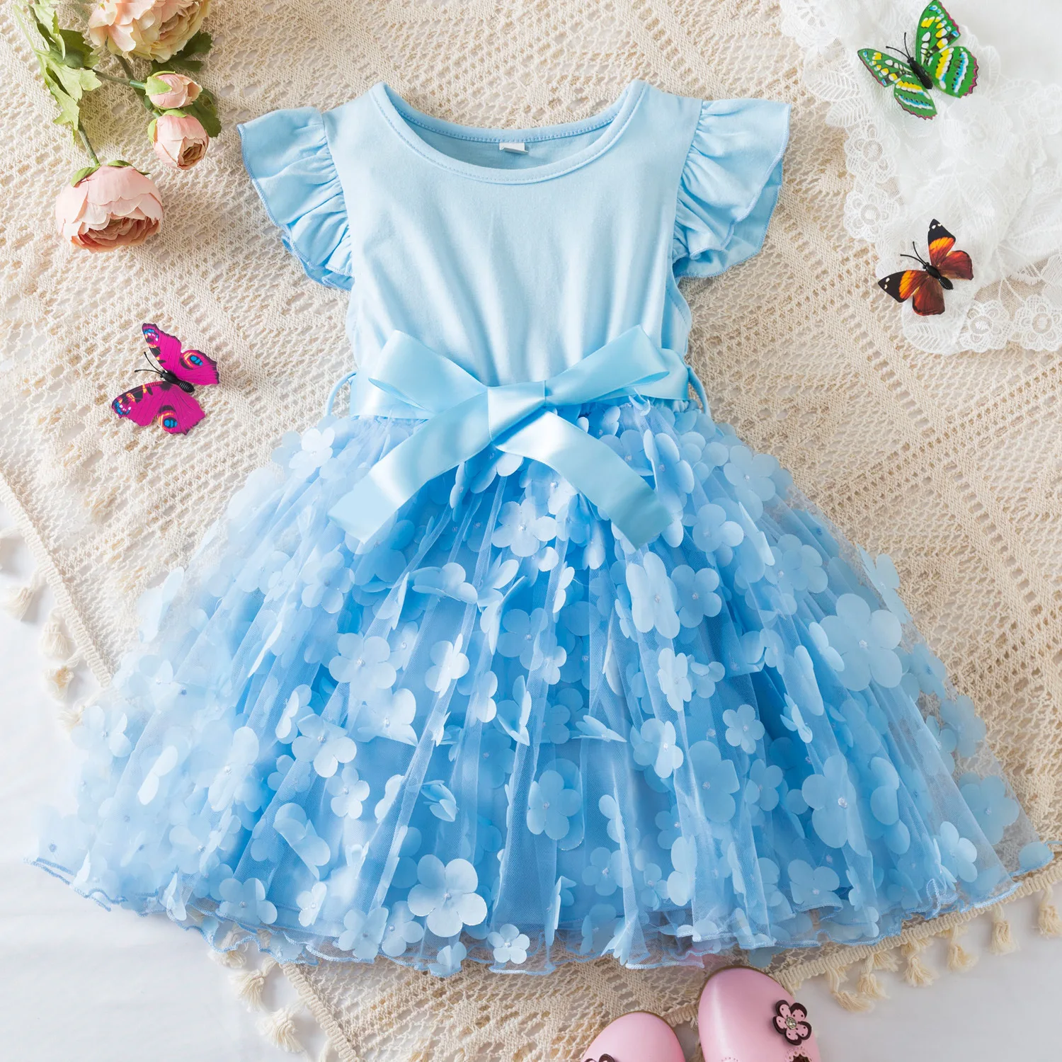 Fiona Toddler 1-6 Years Toddler Little Girls Flutter Sleeves 3D Flower Girls Summer Dress