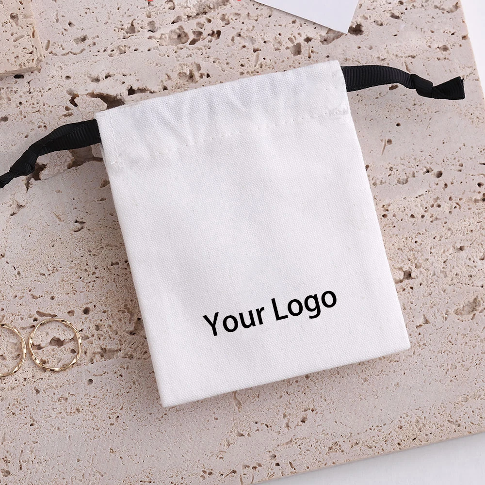 Personalized White Cotton Small Bags Jewelry Packaging Earrings Ring Necklace Custom Business Logo Drawstring Pouch Store Logo