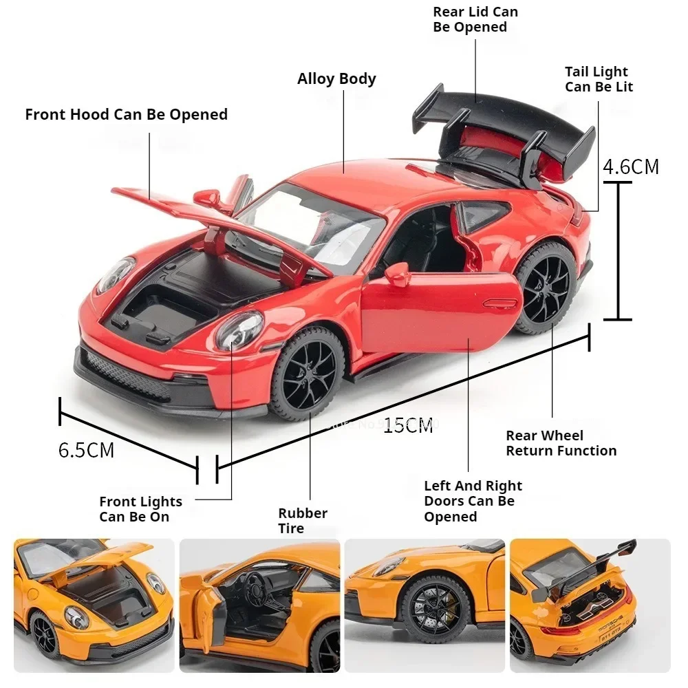 1:32 Porsche 911 Gt3 Modello di auto sportiva Giocattolo Lega di gomma Pneumatici Porte aperte Supercar Modelli Suono Luce Tirare indietro Regali per il capretto