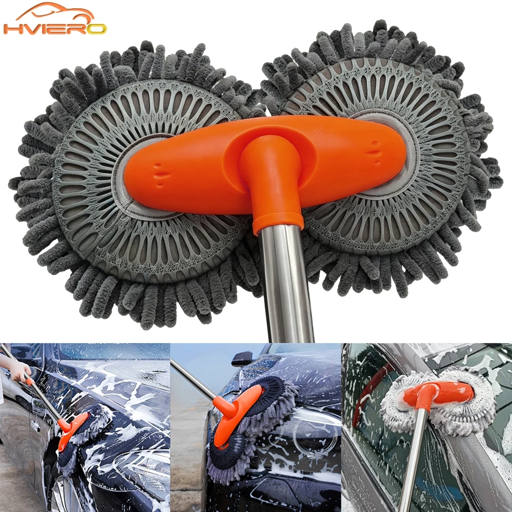 1pcs Multipurpose Car Cleaning Brush Washer Mop Chenille Double Brush Head Roof Window Clean Three-Section Telescopic Wash Tool