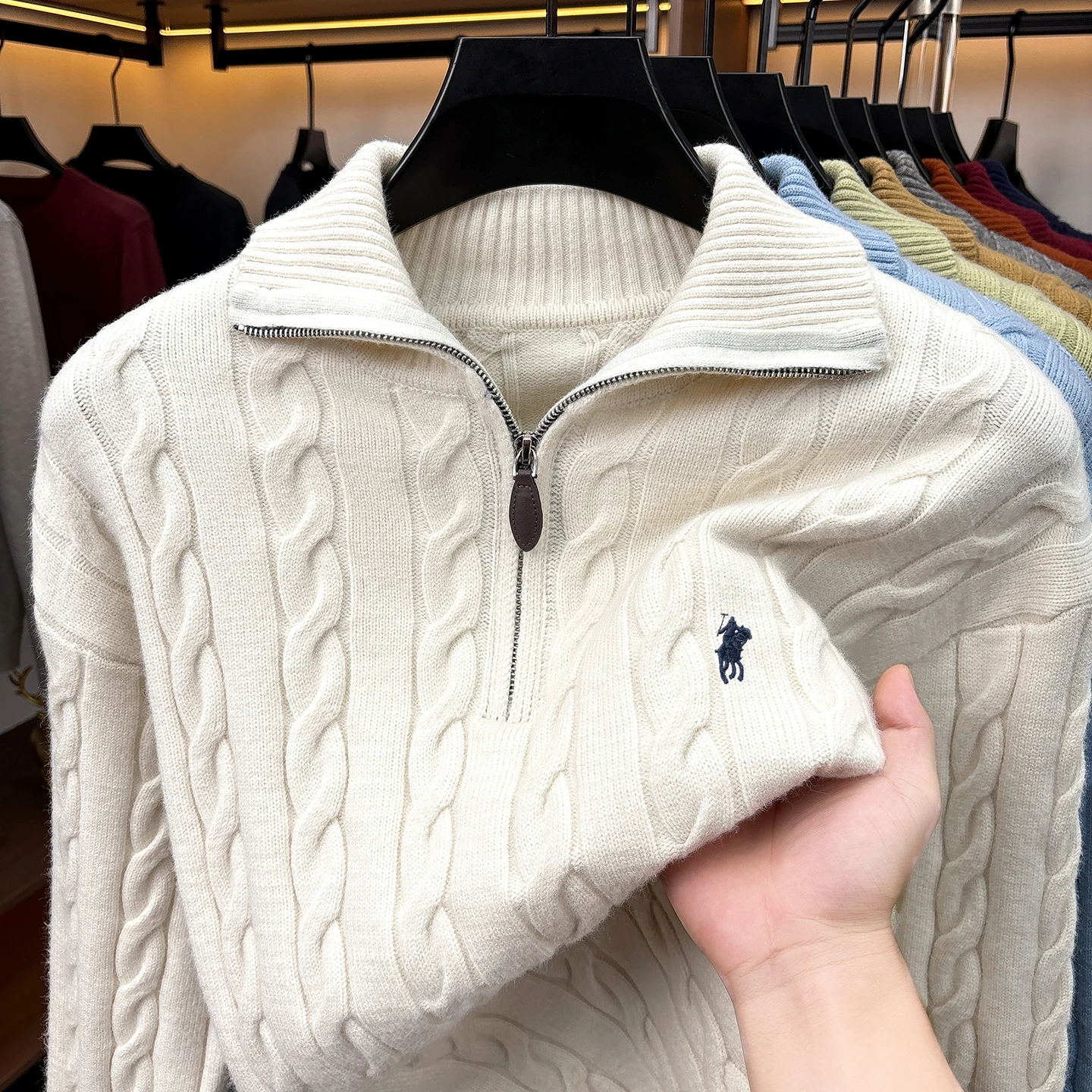 Mode Hochwertige Pullover Männer Luxusmarke Klassischer Stil Paul Pony Stickerei Winter Vintage Neue Dicke Warmwarmabdeckung Reißverschluss Kragen Stricken Sweater – Detail 5