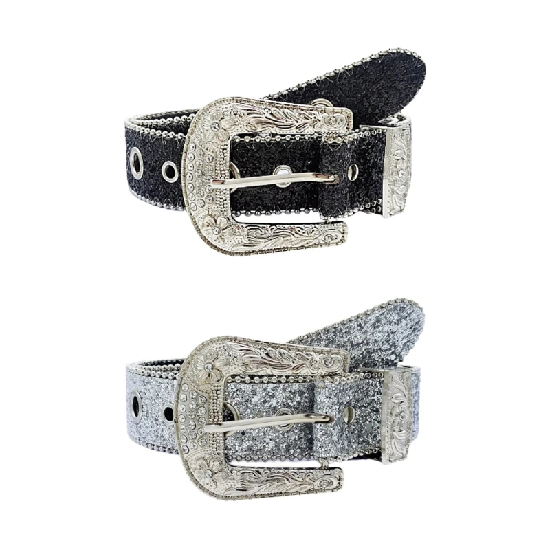 

Shimmering PU Belt with Adjust Pin Buckle Woman Girl Decorative Belt for Skirt