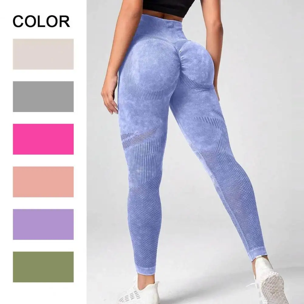 Calça de ioga cintura alta com bolsos para mulheres, leggings esportivas, controle de barriga, estampa de corante, treino em corrida