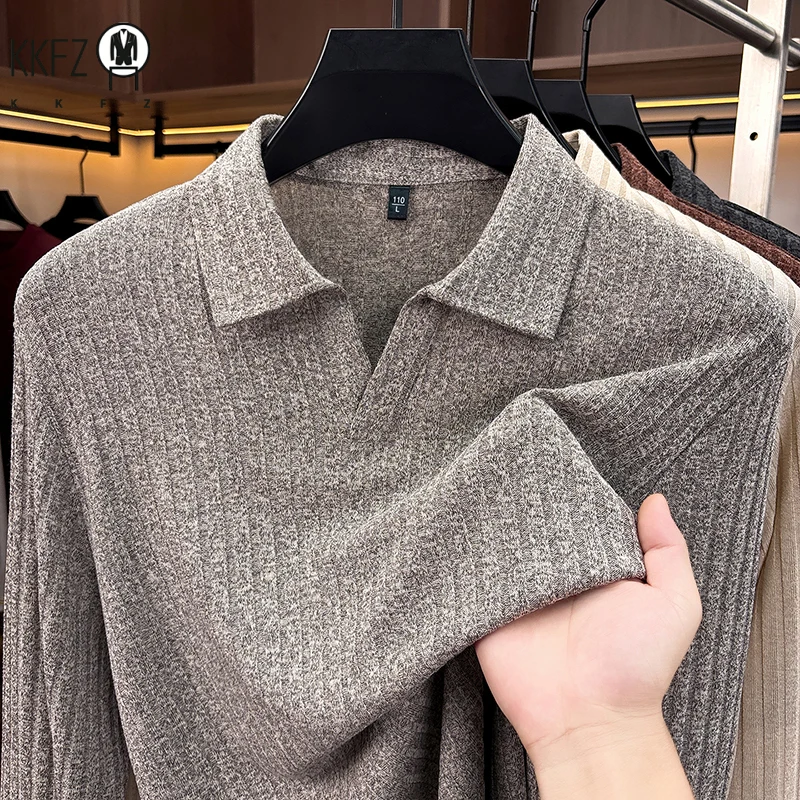 Men Casual Office Knit Polo Long Sleeve V Notch Collar Vertical Rib Texture Loose Comfort Pullover Shirt