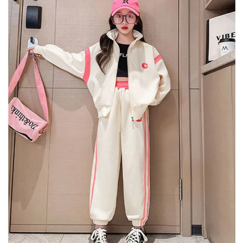 Spring Teenage Girl Clothes Embroidery Jacket Coat and Stripe Pants Outfit Children Casual Top and Bottom 2 Piece Suit Tracksuit